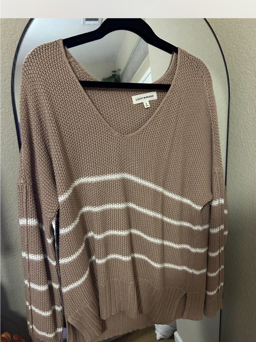 Lucky Brand Taupe and White Striped V-Neck Sweater